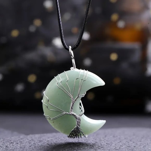 Green Aventurine Crescent Moon Natural Gemstone Tree Of Life Wire Wrap Pendant - Picture 2 of 2